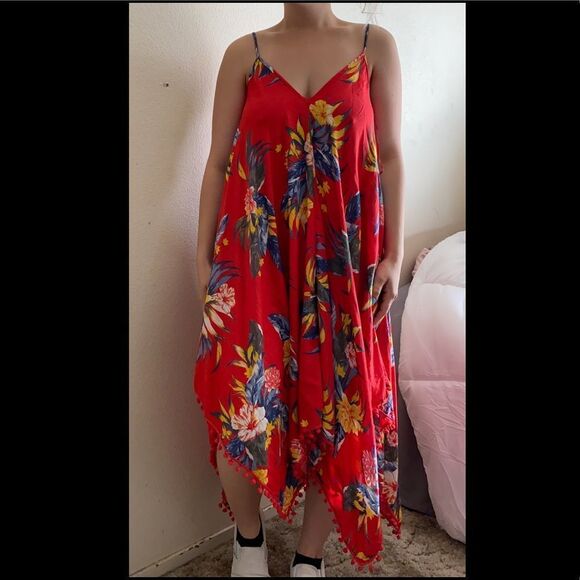Hawaiian Red Flowy Low Back Beach Dress - Picture 4 of 11